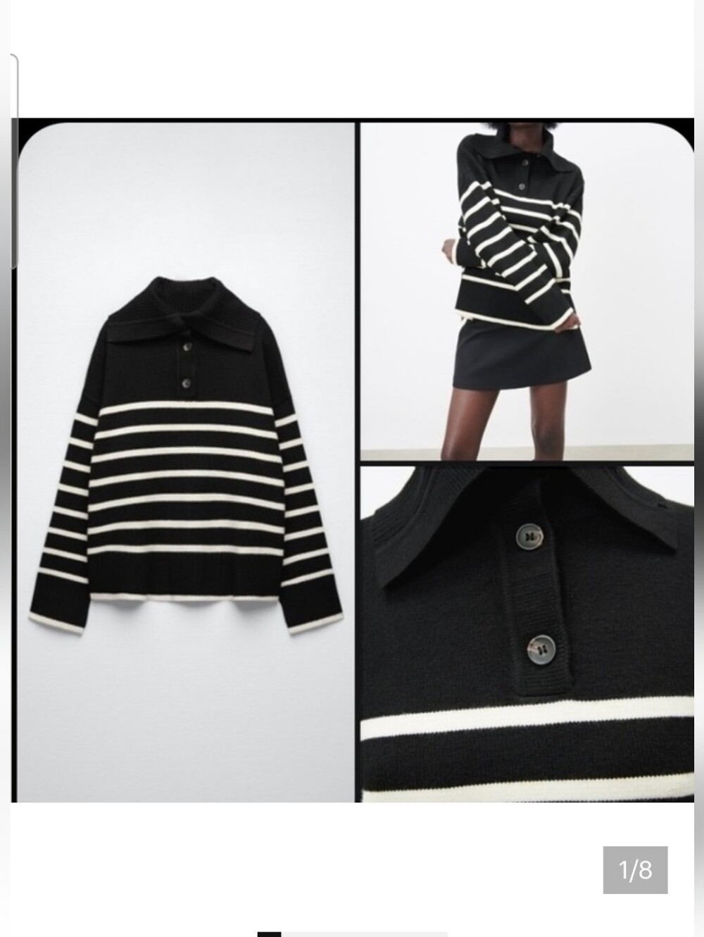 Zara Black and White Striped Turtleneck Button Sweater